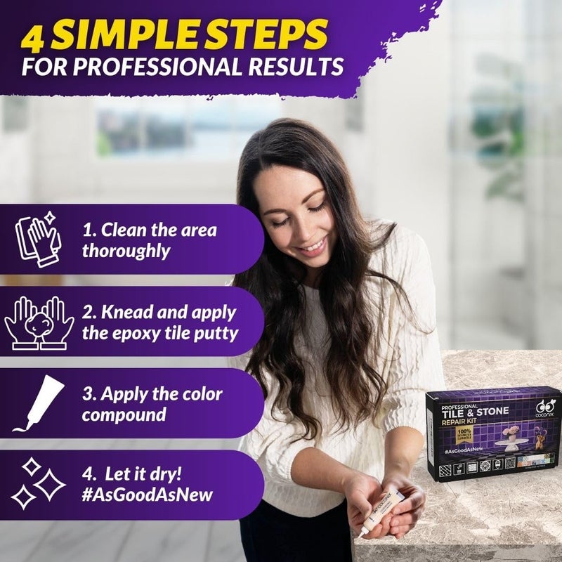 Coconix Tile & Stone Repair Kit | Fix Cracks, Chips, and Scratches on Bathtubs, Tile and Stone Floors, Walls, and Counters | Easy Application with Kneadable Putty - Image 5