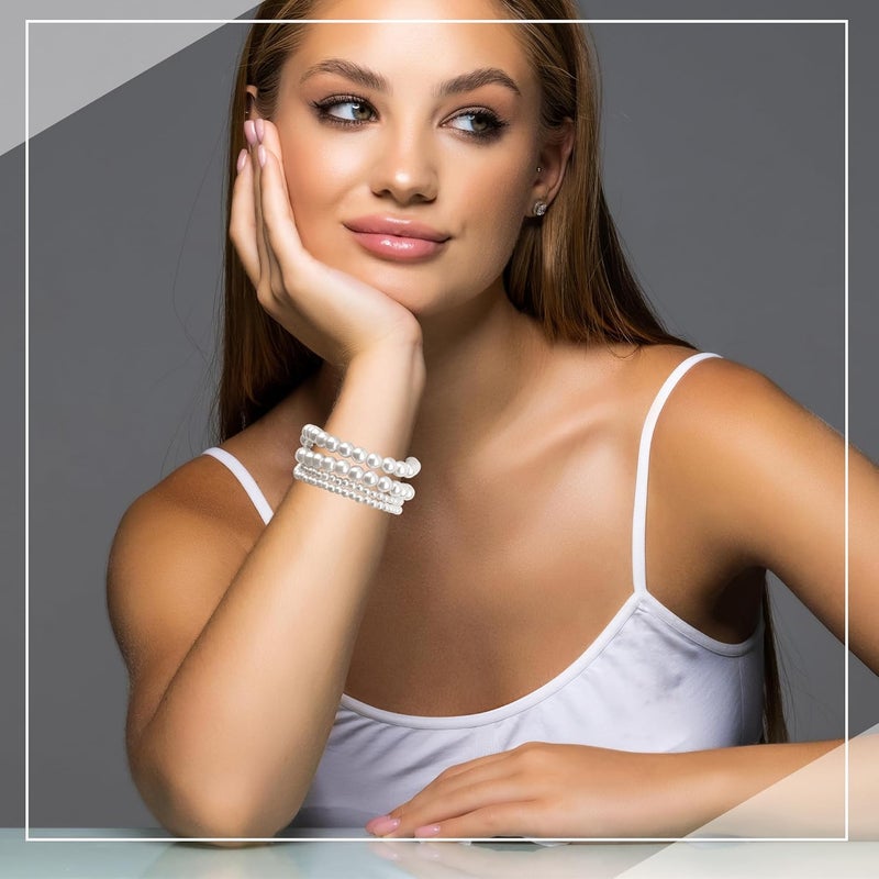 Coolrunner Ladies Faux Pearls Accent Off White Stretch Wrist Bracelet Jewelry (Pearl style3) - Image 5