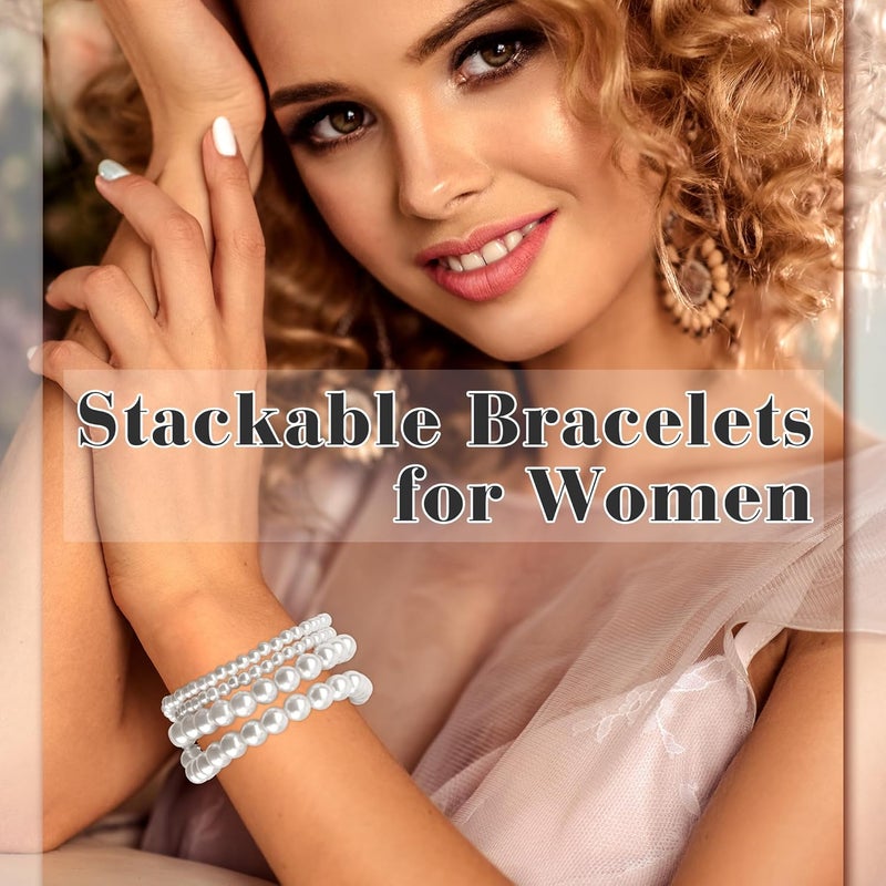 Coolrunner Ladies Faux Pearls Accent Off White Stretch Wrist Bracelet Jewelry (Pearl style3) - Image 3