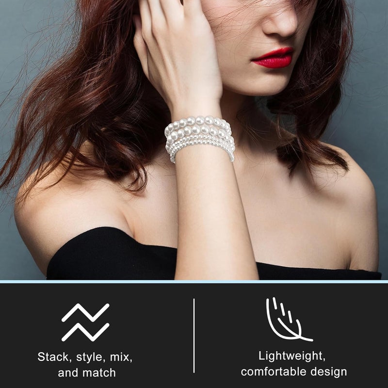 Coolrunner Ladies Faux Pearls Accent Off White Stretch Wrist Bracelet Jewelry (Pearl style3) - Image 4