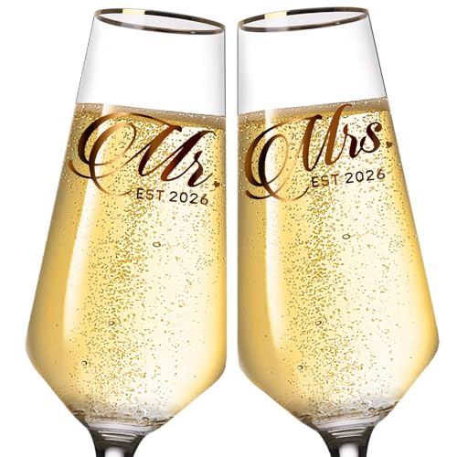 comfit Mr and Mrs Champagne Glasses Set of 2 Long Stem Wedding Champagne Flutes 2026 Bridal Shower GiftsEngagement Gifts for Couples Newlyweds 85oz - Image 1