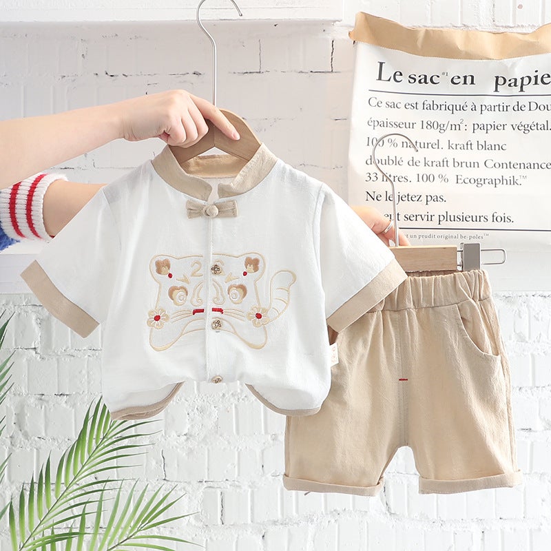 Cotton linen short sleeved children's national style clothes China-Chic boys' two piece set for the Year of the Tiger