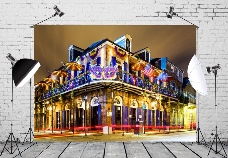 Loccor Fabric 7x5ft New Orleans Backdrop French Quarter Pubs Bars Colorful Lights Night View Photography Background Mardi Gras Birthday Party Decoration Portrait Photoshoot Booth Studio Props - Image 2