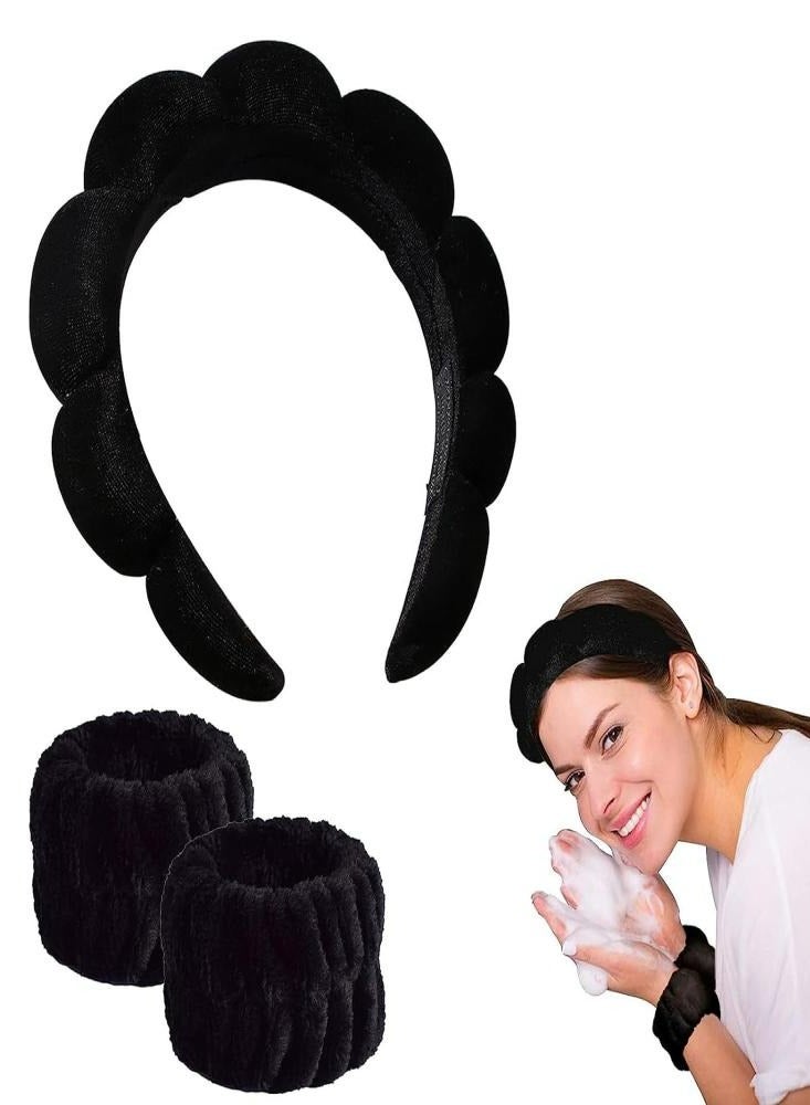 أوزيغالور عصابات الرأس الإسفنج للماء عصابات الرأس سبا ، الأساور ثلاث قطع مجموعات أزياء للماكياج ، الاستحمام غسول الوجه العناية بالبشرة ، أسود - Image 1