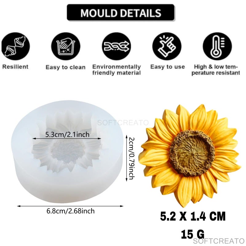 SOFTCREATO 3D Sunflower Candle Silicone Mold Daisy Chrysanthemum Flower Molds for Candle Making I for Handmade Flower Bouquet Soap Aromatherapy Fondant Resin Art and Craft Chocolate Cake Polymer Clay Candle Topper Mould - B (Pack of 1) - Image 3