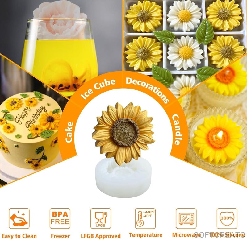 SOFTCREATO 3D Sunflower Candle Silicone Mold Daisy Chrysanthemum Flower Molds for Candle Making I for Handmade Flower Bouquet Soap Aromatherapy Fondant Resin Art and Craft Chocolate Cake Polymer Clay Candle Topper Mould - B (Pack of 1) - Image 4