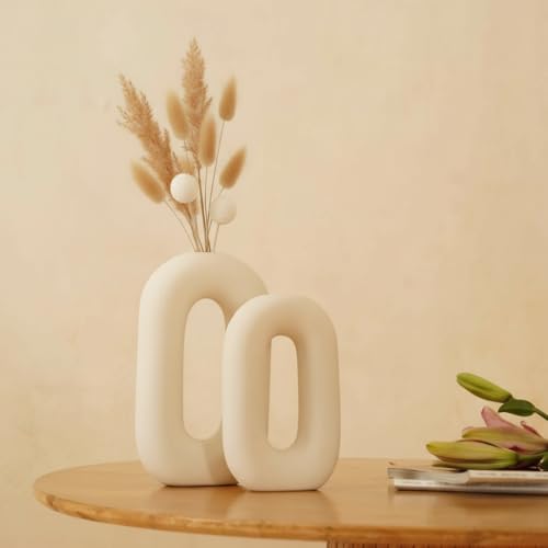 PUREZENTO White Ceramic 'Polo Donut Vase' Set of 2 (9 & 8 Inches) | Decorative Donut Ring Vase for Dried Flowers and Pampas Grass | Vases for Home Decor, Living Room, Office Decor Ideas - Image 4