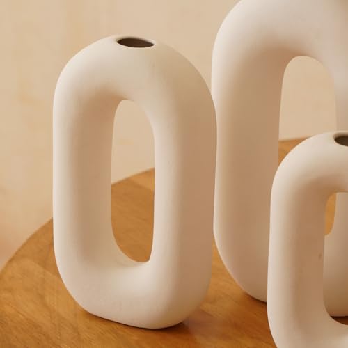 PUREZENTO White Ceramic 'Polo Donut Vase' Set of 2 (9 & 8 Inches) | Decorative Donut Ring Vase for Dried Flowers and Pampas Grass | Vases for Home Decor, Living Room, Office Decor Ideas - Image 5
