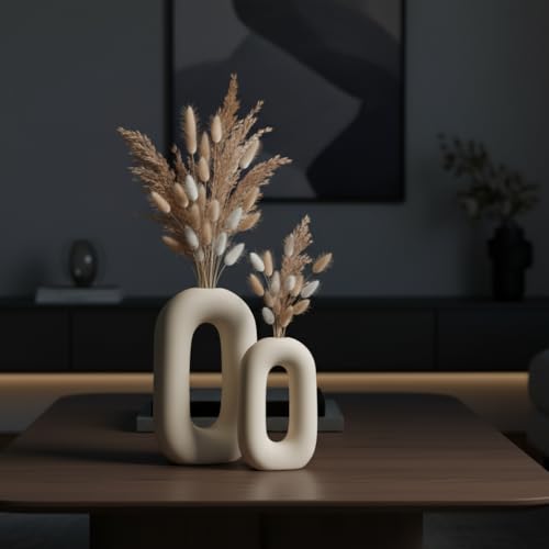 PUREZENTO White Ceramic 'Polo Donut Vase' Set of 2 (9 & 8 Inches) | Decorative Donut Ring Vase for Dried Flowers and Pampas Grass | Vases for Home Decor, Living Room, Office Decor Ideas - Image 1