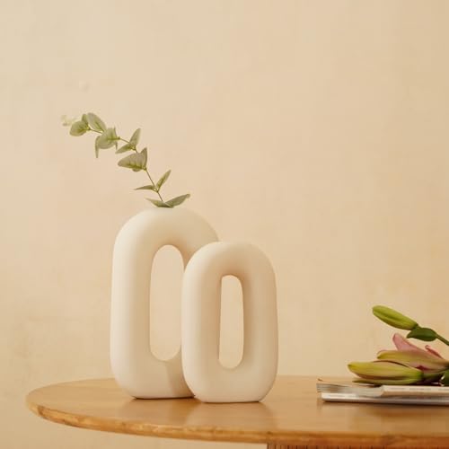 PUREZENTO White Ceramic 'Polo Donut Vase' Set of 2 (9 & 8 Inches) | Decorative Donut Ring Vase for Dried Flowers and Pampas Grass | Vases for Home Decor, Living Room, Office Decor Ideas - Image 3