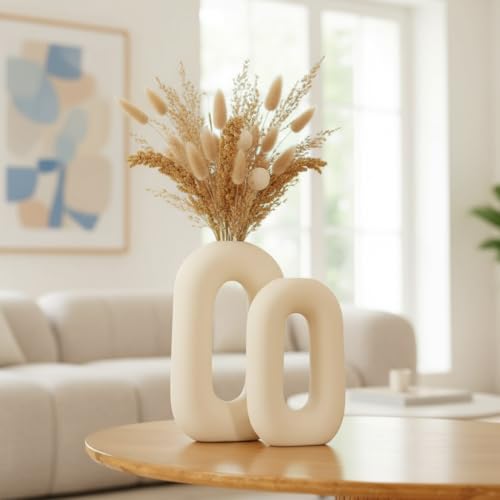 PUREZENTO White Ceramic 'Polo Donut Vase' Set of 2 (9 & 8 Inches) | Decorative Donut Ring Vase for Dried Flowers and Pampas Grass | Vases for Home Decor, Living Room, Office Decor Ideas - Image 2