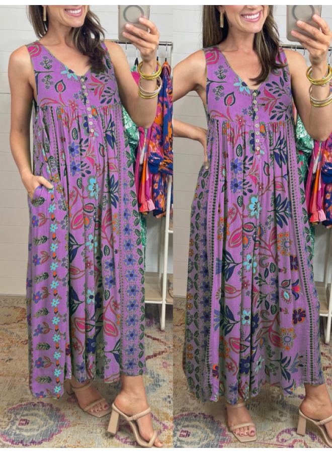 Summer New European And American Women's Clothing Independent Station Retro Printed Loose Sleeveless Jumpsuit 