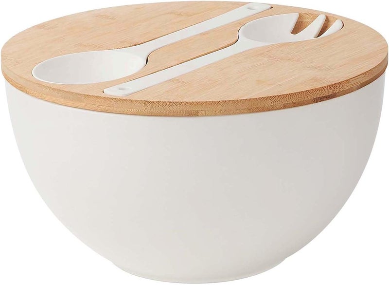 ECOHAGOU 113 Extra Large Salad Serving Bowl Set with Wooden LidUtensils 65Qt Bamboo Fiber Salad Bowl with Servers for Kitchen Lightweight Big Bowl for Mixing SaladFruitPasta  Matte White - Image 1