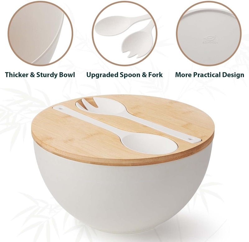 ECOHAGOU 113 Extra Large Salad Serving Bowl Set with Wooden LidUtensils 65Qt Bamboo Fiber Salad Bowl with Servers for Kitchen Lightweight Big Bowl for Mixing SaladFruitPasta  Matte White - Image 2