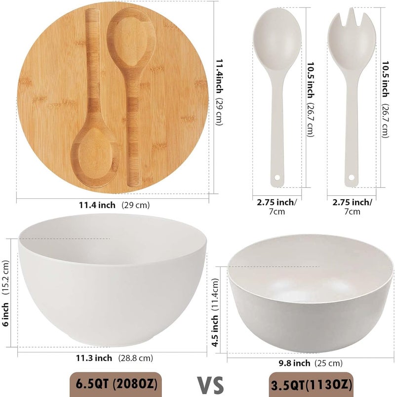 ECOHAGOU 113 Extra Large Salad Serving Bowl Set with Wooden LidUtensils 65Qt Bamboo Fiber Salad Bowl with Servers for Kitchen Lightweight Big Bowl for Mixing SaladFruitPasta  Matte White - Image 3