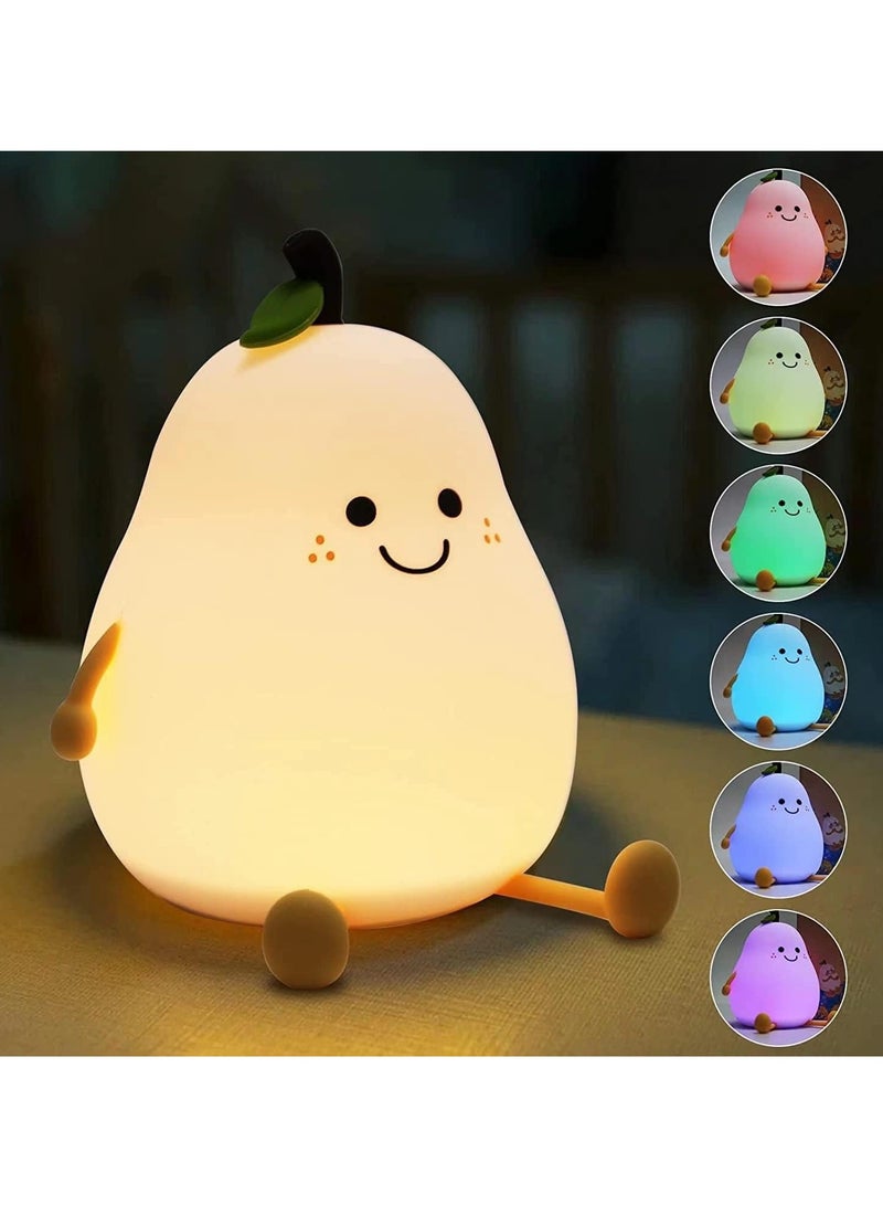 Kids Night Light Silicone Night Light Pear Night Light Nursery Lamp 7 Colors USB Charging Mini Table Lamp Warm Light Bedside Lamp for Toddler Children Boys Girls (Pear-shaped) - Image 1