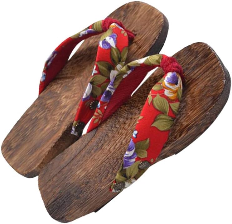 comfrt Japanese Traditional Clogs Wooden Flip Flops Sandals Slippers Shoes Japanese Style Wood Geta Sandals for Children Size 18-26 Red Wooden Flip Flops - Image 1