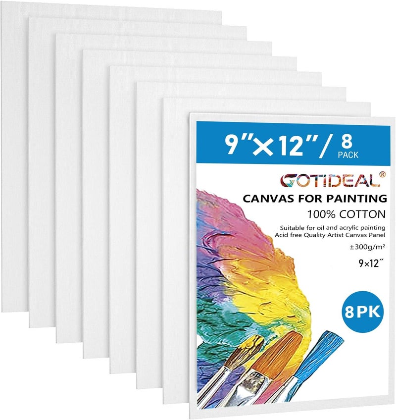 GOTIDEAL Canvases for Painting, 9x12 inch of 8, Professional Primed White Blank Flat Canvas Panels- 100% Cotton Artist Canvas Boards for Acrylics Painting, Oil Watercolor Tempera - Image 1