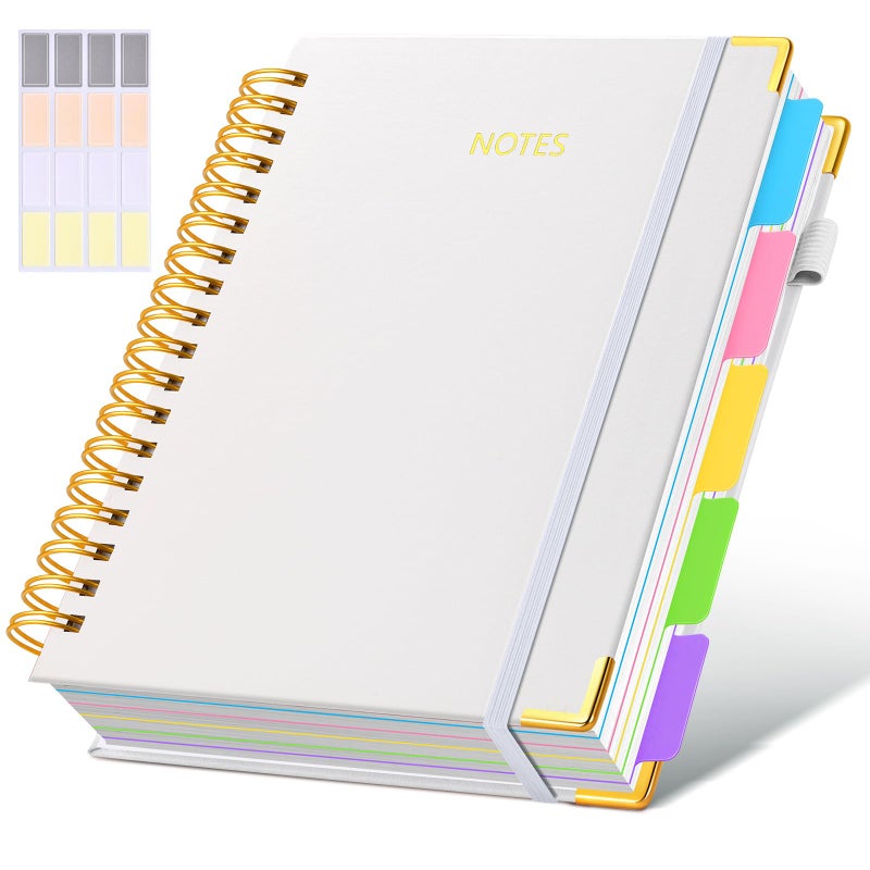 dilitego Hardcover Spiral Notebook Journal with Removable Dividers Tabs, 300 Pages Leather 5 Subject Notebook College Ruled, 8"x10" Large B5 Notebooks for Work School Note taking, Lined Journal for Women, White - Image 1