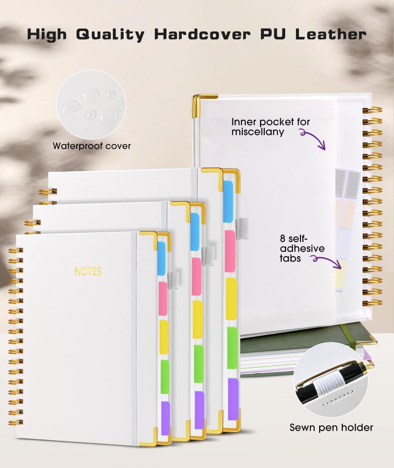 dilitego Hardcover Spiral Notebook Journal with Removable Dividers Tabs, 300 Pages Leather 5 Subject Notebook College Ruled, 8"x10" Large B5 Notebooks for Work School Note taking, Lined Journal for Women, White - Image 3