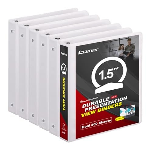COMIX Sturdy 3 Ring Binder 15 inch with Clear View Cover 112 Round Ring View Binder PVCFree 24mmThick 300 Sheets Capacity of US Letter Size Paper Office School Supplies 6 Pack White - Image 1
