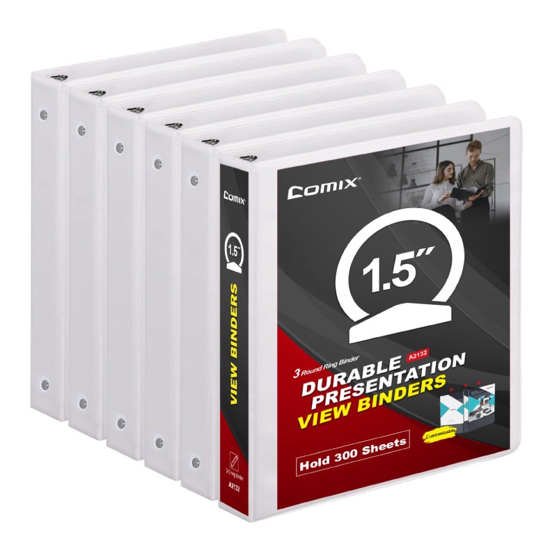 COMIX Sturdy 3 Ring Binder 15 inch with Clear View Cover 112 Round Ring View Binder PVCFree 24mmThick 300 Sheets Capacity of US Letter Size Paper Office School Supplies 6 Pack White - Image 2
