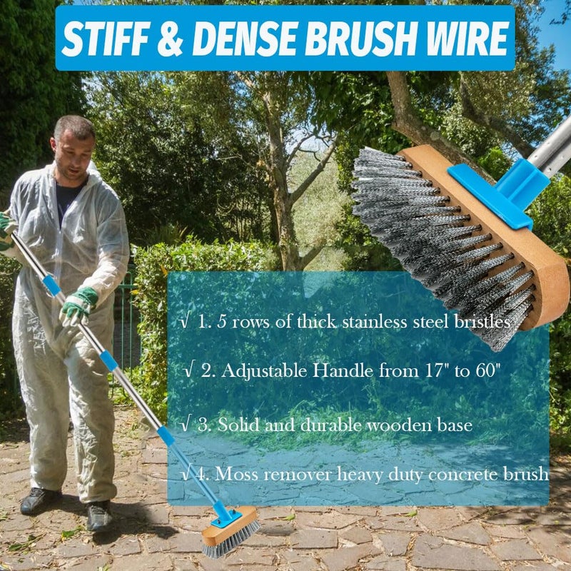 YONILL Stainless Steel Deck Scrub Brush with Long Handle - 60" Heavy Duty Floor Scrubber Brush with Pole, Moss Remover Wire Cleaning Brushes for Rough Surface, Concrete Floor, Patio, Garden, Garage - Image 4