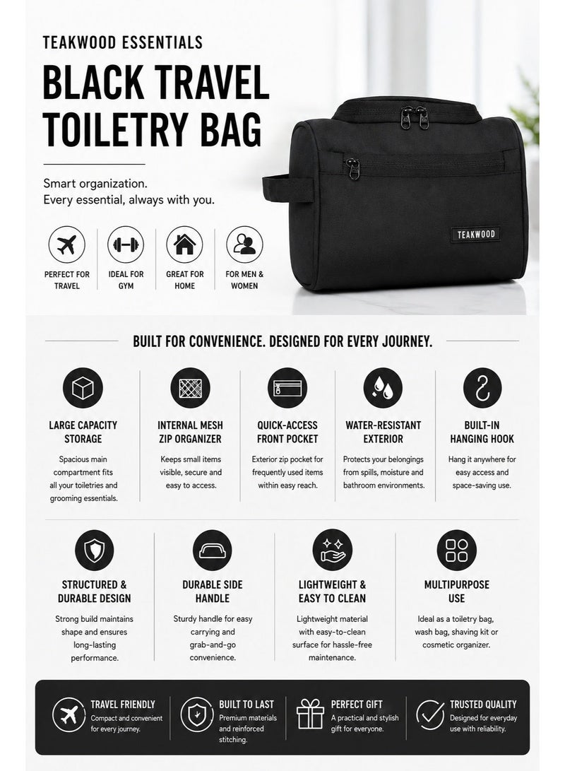 Teakwood Essentials Black Travel Toiletry Bag | Large Capacity Wash Bag for Men & Women | Water-Resistant | Multi-Compartment | Hanging Hook | Durable Easy-to-Clean Grooming Organizer | Ideal for Travel, Gym & Bathroom Use - Image 2