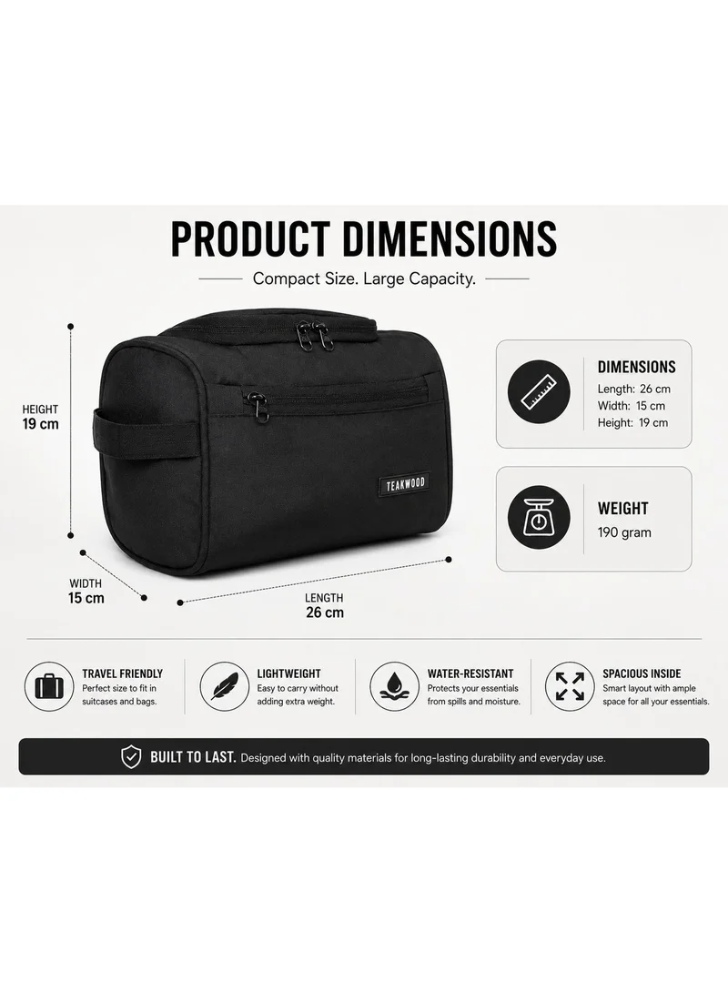 Teakwood Black Teakwood Essentials Black Travel Toiletry Bag | Large Capacity Wash Bag for Men & Women | Water-Resistant | Multi-Compartment | Hanging Hook | Durable Easy-to-Clean Grooming Organizer | Ideal for Travel, Gym & Bathroom Use  | Best Price UAE
