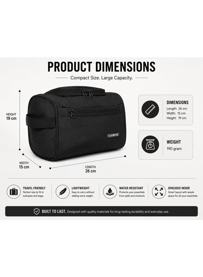 Teakwood Essentials Black Travel Toiletry Bag | Large Capacity Wash Bag for Men & Women | Water-Resistant | Multi-Compartment | Hanging Hook | Durable Easy-to-Clean Grooming Organizer | Ideal for Travel, Gym & Bathroom Use - Image 3