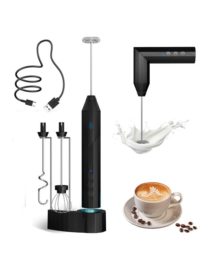 Hihonor Milk Frother Rechargeable with Stand, Handheld Electric Hand Whisk with 3 Speeds, 3 Stainless Steel Heads, 2 Grip Methods and USB Charging Stand, Perfect for Coffee, Matcha, Protein Shake (Black) - Image 1
