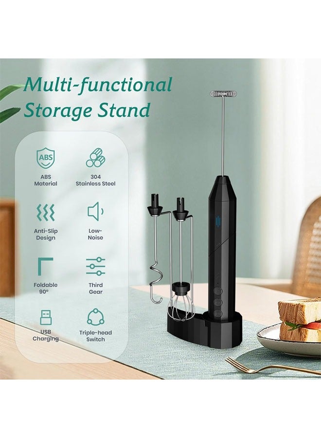 Hihonor Milk Frother Rechargeable with Stand, Handheld Electric Hand Whisk with 3 Speeds, 3 Stainless Steel Heads, 2 Grip Methods and USB Charging Stand, Perfect for Coffee, Matcha, Protein Shake (Black) - Image 2