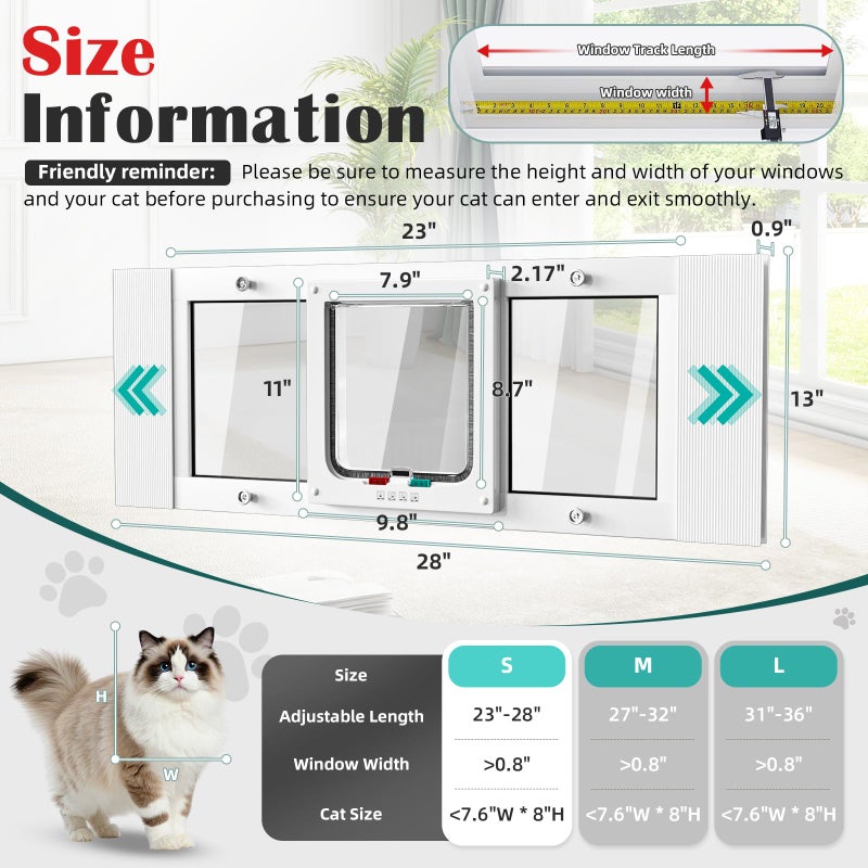 whiffee Aluminum Window Pet Door for Cats - Window Cat Door Insert Horizontal, Adjustable to Fit Window Width 23" to 28", Weatherproof Cat Window Door with 4 Locking Modes, Magnetic Closure, No-Drill - Image 2