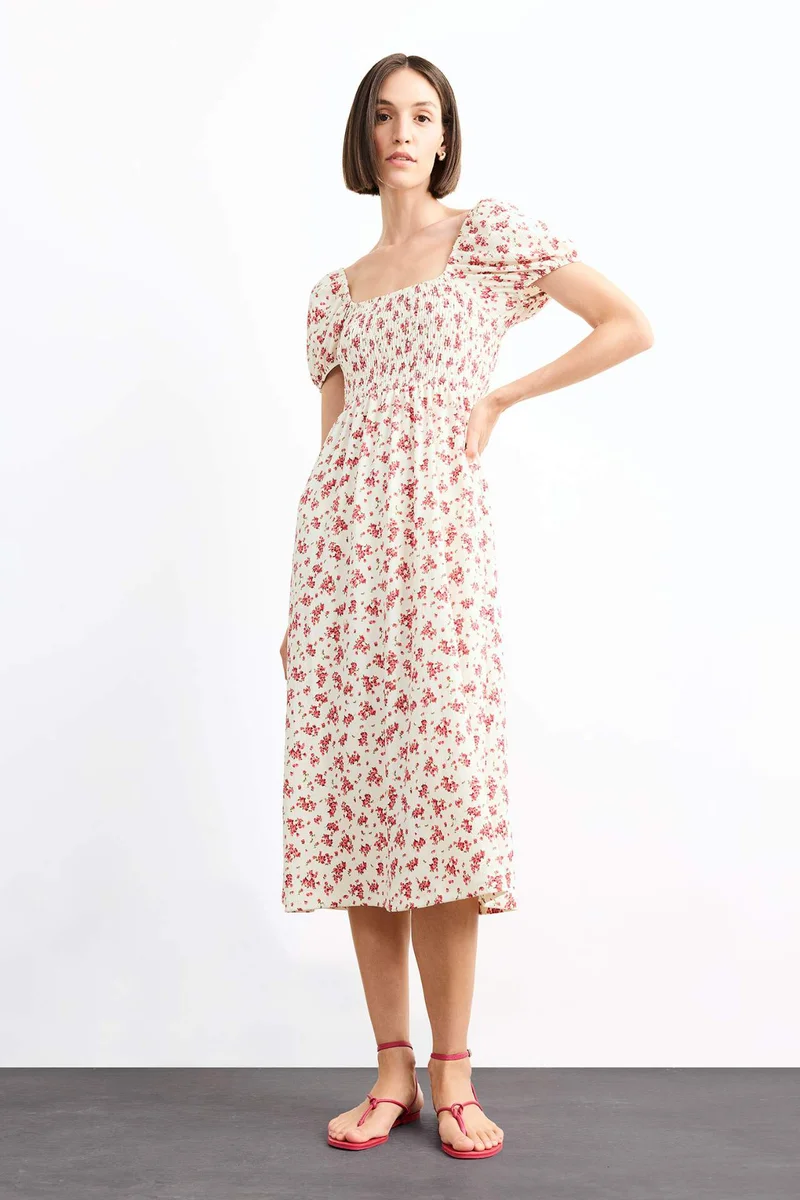 ديفاكتو A Line Floral Crepe Short Sleeve Midi Dress