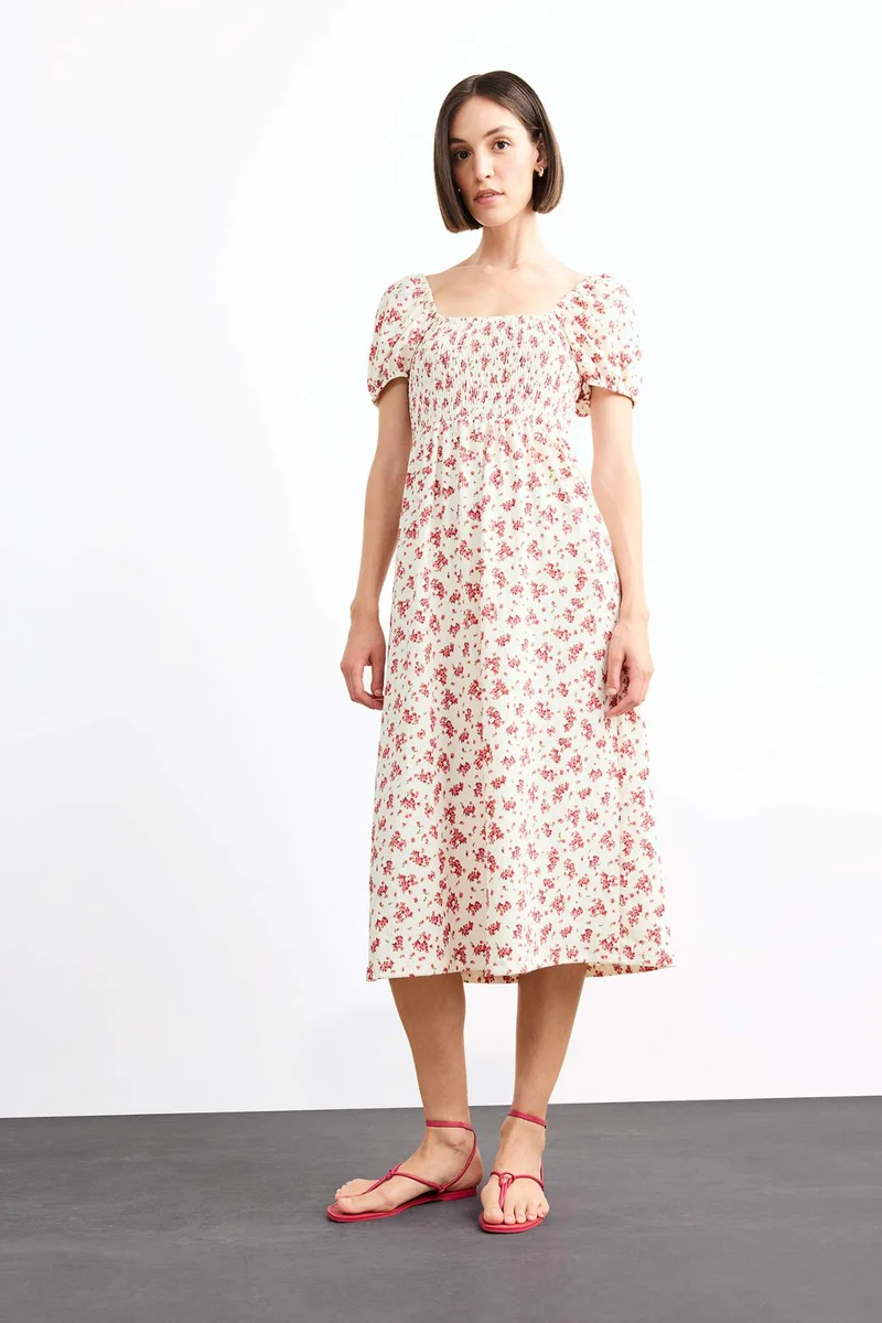 ديفاكتو A Line Floral Crepe Short Sleeve Midi Dress