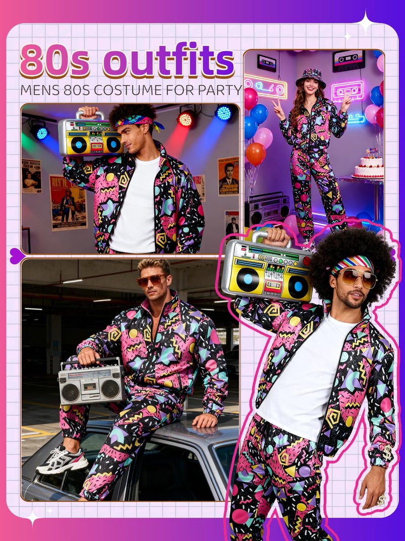 Verceco 80s 90s Outfits for Women Men 80s Neon Couples Costumes for Adults Retro Baggy Tracksuit Set with Hip Hop Accessories 8PC (Black, XL) - Image 4