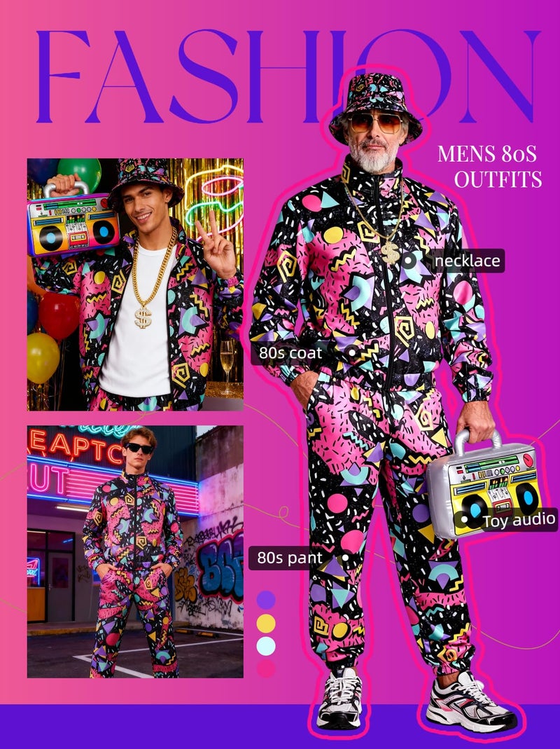 Verceco 80s 90s Outfits for Women Men 80s Neon Couples Costumes for Adults Retro Baggy Tracksuit Set with Hip Hop Accessories 8PC (Black, XL) - Image 2