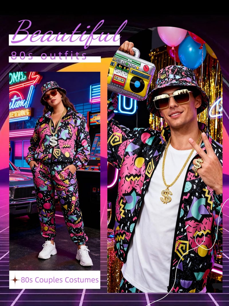 Verceco 80s 90s Outfits for Women Men 80s Neon Couples Costumes for Adults Retro Baggy Tracksuit Set with Hip Hop Accessories 8PC (Black, XL) - Image 3