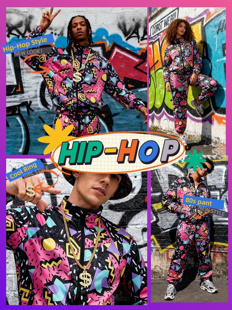 Verceco 80s 90s Outfits for Women Men 80s Neon Couples Costumes for Adults Retro Baggy Tracksuit Set with Hip Hop Accessories 8PC (Black, XL) - Image 5