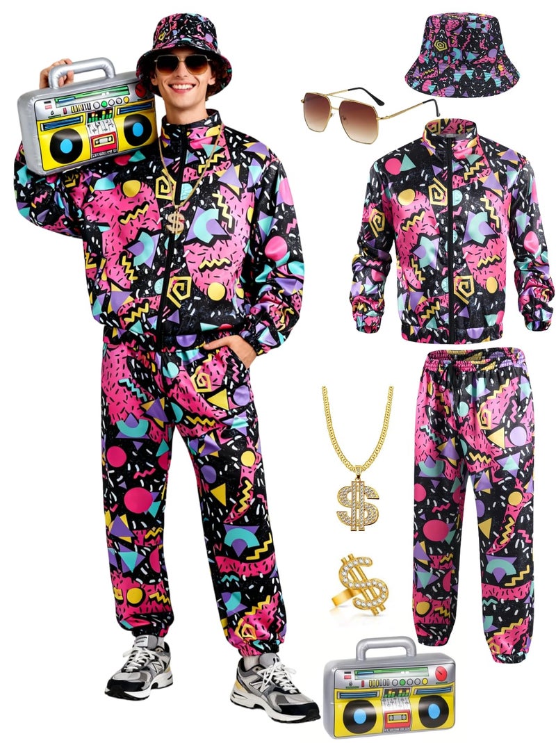 Verceco 80s 90s Outfits for Women Men 80s Neon Couples Costumes for Adults Retro Baggy Tracksuit Set with Hip Hop Accessories 8PC (Black, XL) - Image 1
