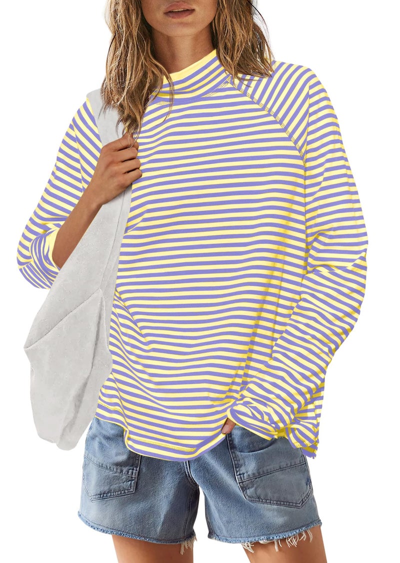 Yanekop Womens Striped Mock Neck Shirts Oversized Long Sleeve Tops Casual Pullover Tops Fall Fashion Basic Tees(Yellow Purple Combo,L) - Image 2