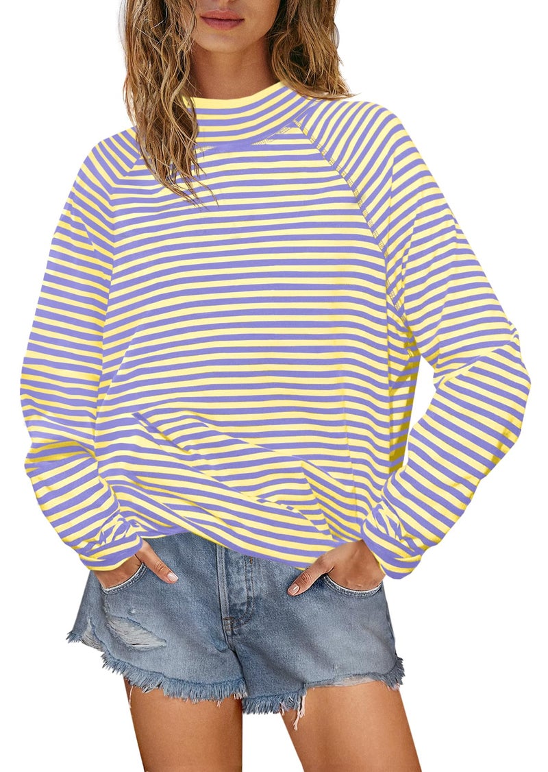 Yanekop Womens Striped Mock Neck Shirts Oversized Long Sleeve Tops Casual Pullover Tops Fall Fashion Basic Tees(Yellow Purple Combo,L) - Image 1