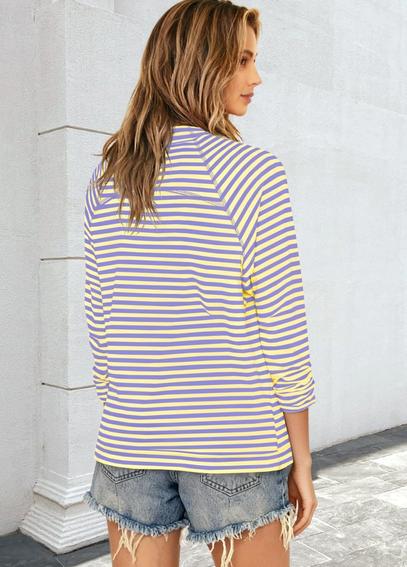 Yanekop Womens Striped Mock Neck Shirts Oversized Long Sleeve Tops Casual Pullover Tops Fall Fashion Basic Tees(Yellow Purple Combo,L) - Image 5