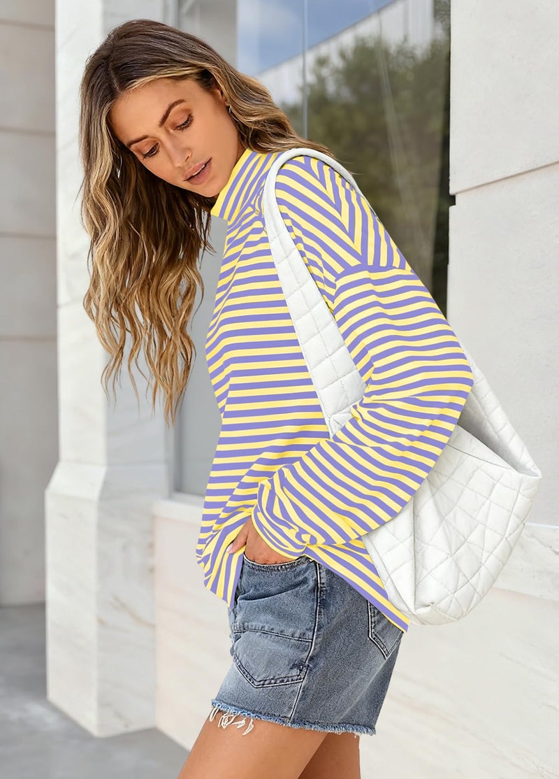 Yanekop Womens Striped Mock Neck Shirts Oversized Long Sleeve Tops Casual Pullover Tops Fall Fashion Basic Tees(Yellow Purple Combo,L) - Image 3