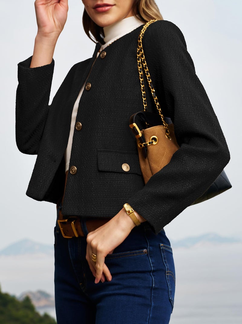 ELLEVEN Womens Tweed Blazers for Women Business Casual Fall Clothes Cropped Jacket Professional Work Office Attire Classy Lightweight Old Money Fashion Trendy Clothes Winter Coats Black Medium - Image 2