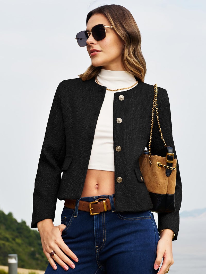 ELLEVEN Womens Tweed Blazers for Women Business Casual Fall Clothes Cropped Jacket Professional Work Office Attire Classy Lightweight Old Money Fashion Trendy Clothes Winter Coats Black Medium - Image 4