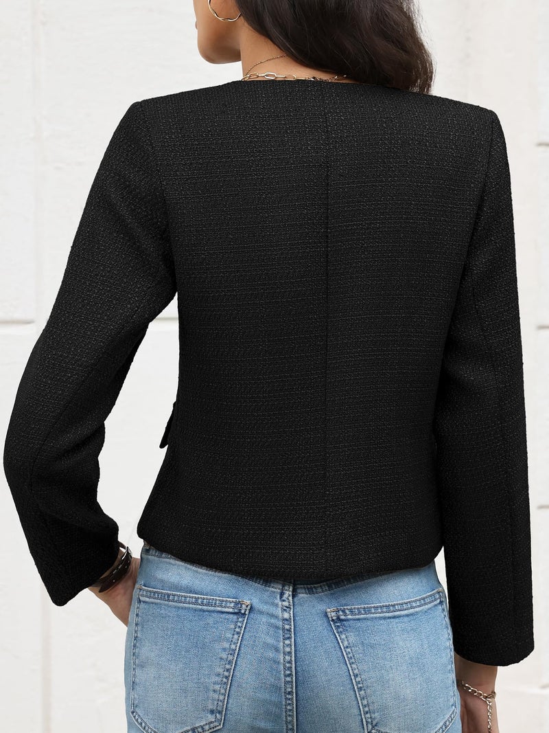 ELLEVEN Womens Tweed Blazers for Women Business Casual Fall Clothes Cropped Jacket Professional Work Office Attire Classy Lightweight Old Money Fashion Trendy Clothes Winter Coats Black Medium - Image 3