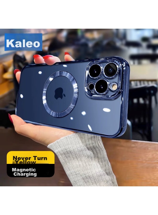 kelleia Kalaio غطاء Iphone 15 Pro، غطاء Iphone 15 Pro المغناطيسي المطلي بالكهرباء مع فيلم عدسة الكاميرا، غطاء واقي كامل رقيق جدًا مضاد للصدمات، أزرق غامق - Image 1