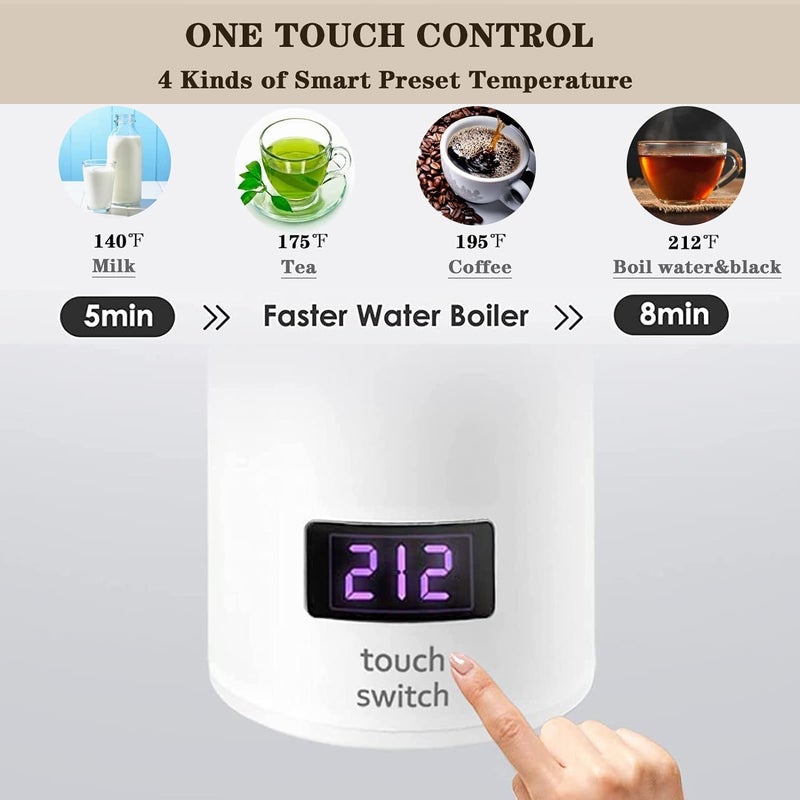Khazna Travel Electric Kettle Small Portable Electric Kettle, 500ML Tea Kettle with 4 Variable Presets, 304 Stainless Steel Travel Water Boiler, Auto Shut-Off & Boil Dry Protection, BPA Free (WHITE) - Image 3