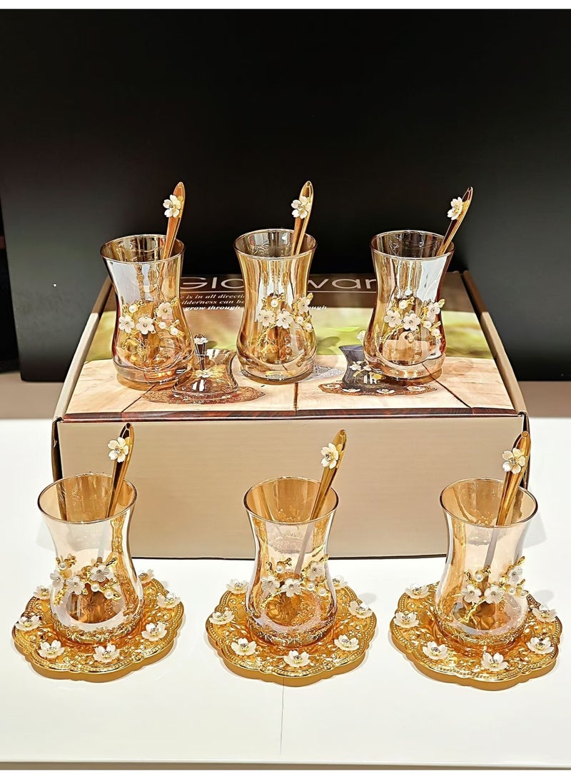 Amber-Tinted Glass Tea Cup Set with Metal Coasters & Floral Spoons - 6 Pieces, Handcrafted Golden & White Ornament - Image 5